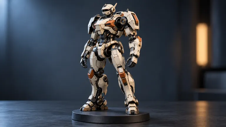 A collectible mecha figure on a stand in studio light.