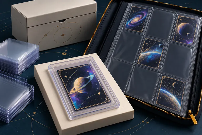 A trading card in a sleeve and a rigid toploader beside a storage binder.